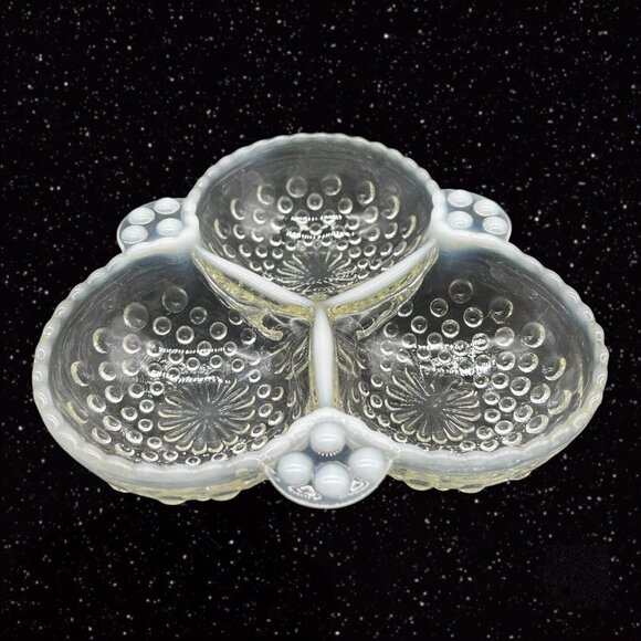 Anchor Hocking Opalescent Moonstone Relish Candy Dish Divided Bowl 1.5”T 6.5”W - Picture 8 of 12